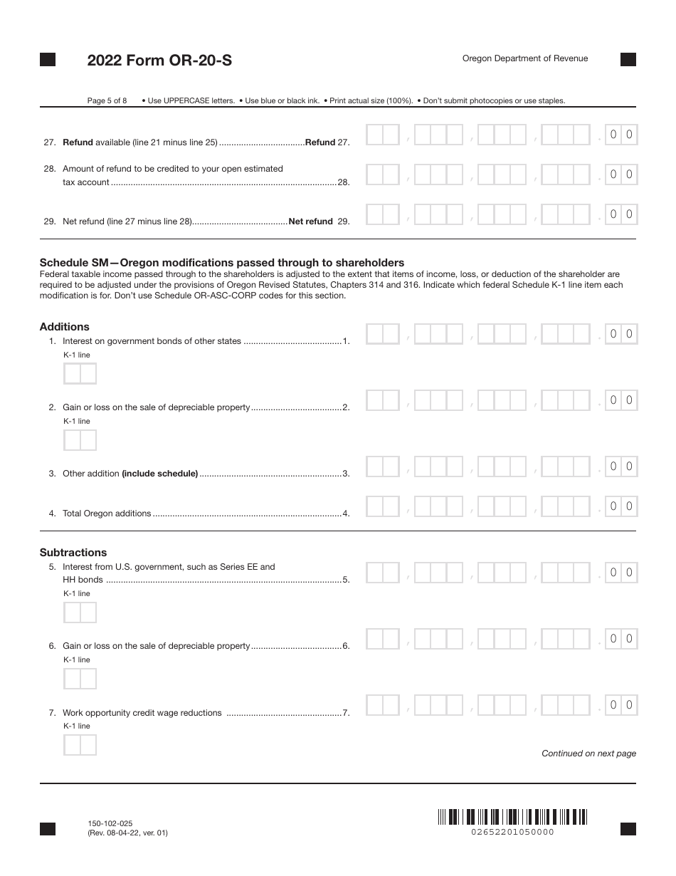 Form OR-20-S (150-102-025) Oregon S Corporation Tax Return - Oregon, Page 5