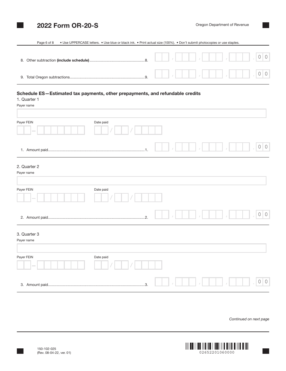 Form OR-20-S (150-102-025) Oregon S Corporation Tax Return - Oregon, Page 6