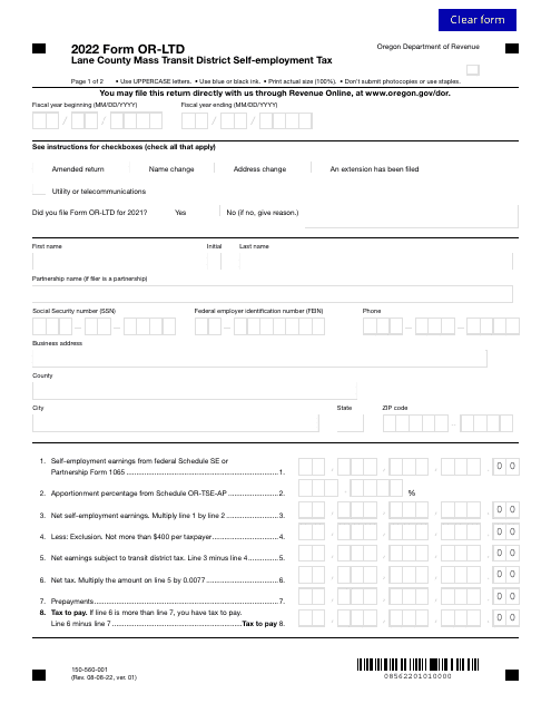 Form OR-LTD (150-560-001) 2022 Printable Pdf