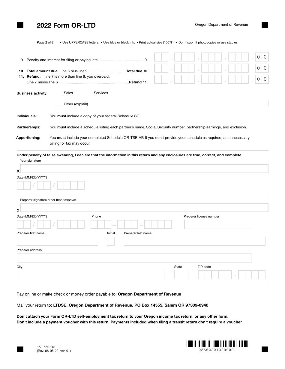 Form OR-LTD (150-560-001) Lane County Mass Transit District Self-employment Tax - Oregon, Page 2
