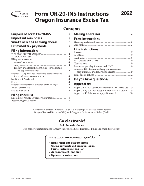 Form OR-20-INS, 150-102-129 2022 Printable Pdf