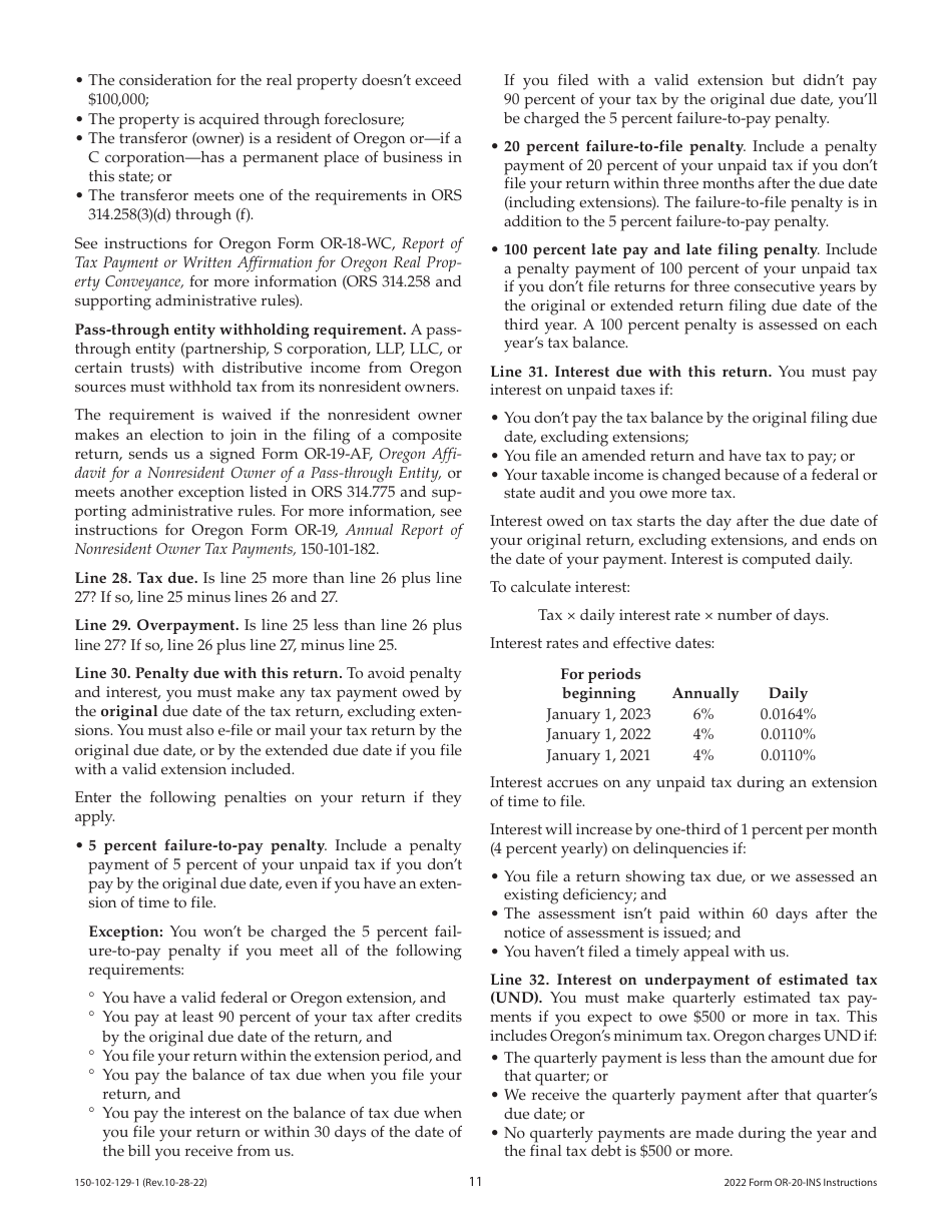 Instructions for Form OR-20-INS, 150-102-129 Oregon Insurance Excise Tax - Oregon, Page 11