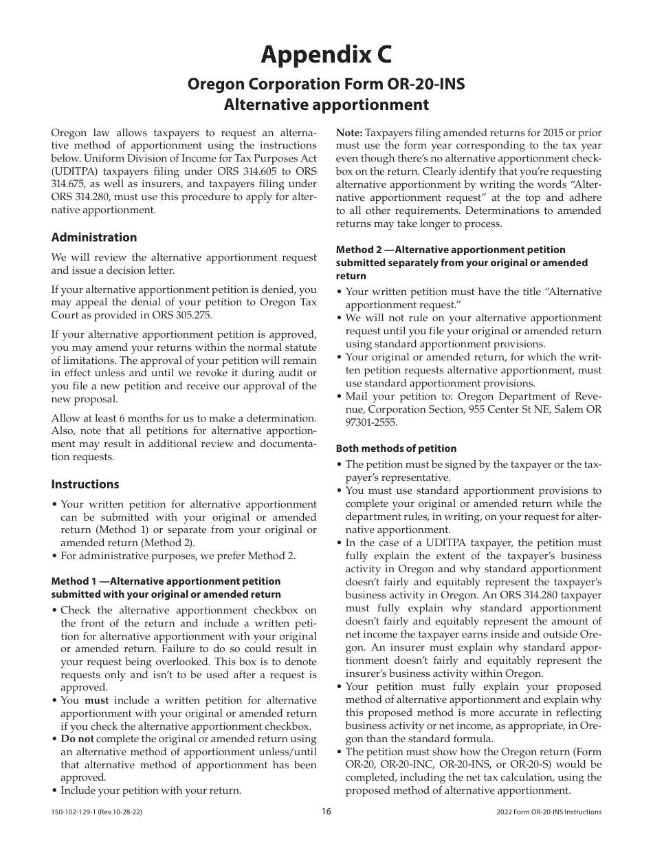 Instructions for Form OR-20-INS, 150-102-129 Oregon Insurance Excise Tax - Oregon, Page 16