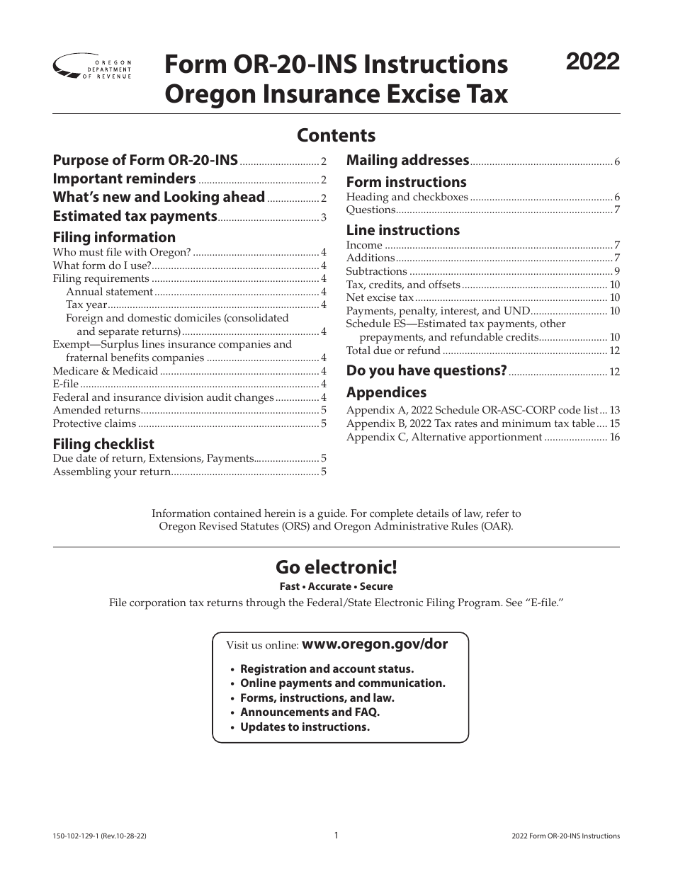 Instructions for Form OR-20-INS, 150-102-129 Oregon Insurance Excise Tax - Oregon, Page 1