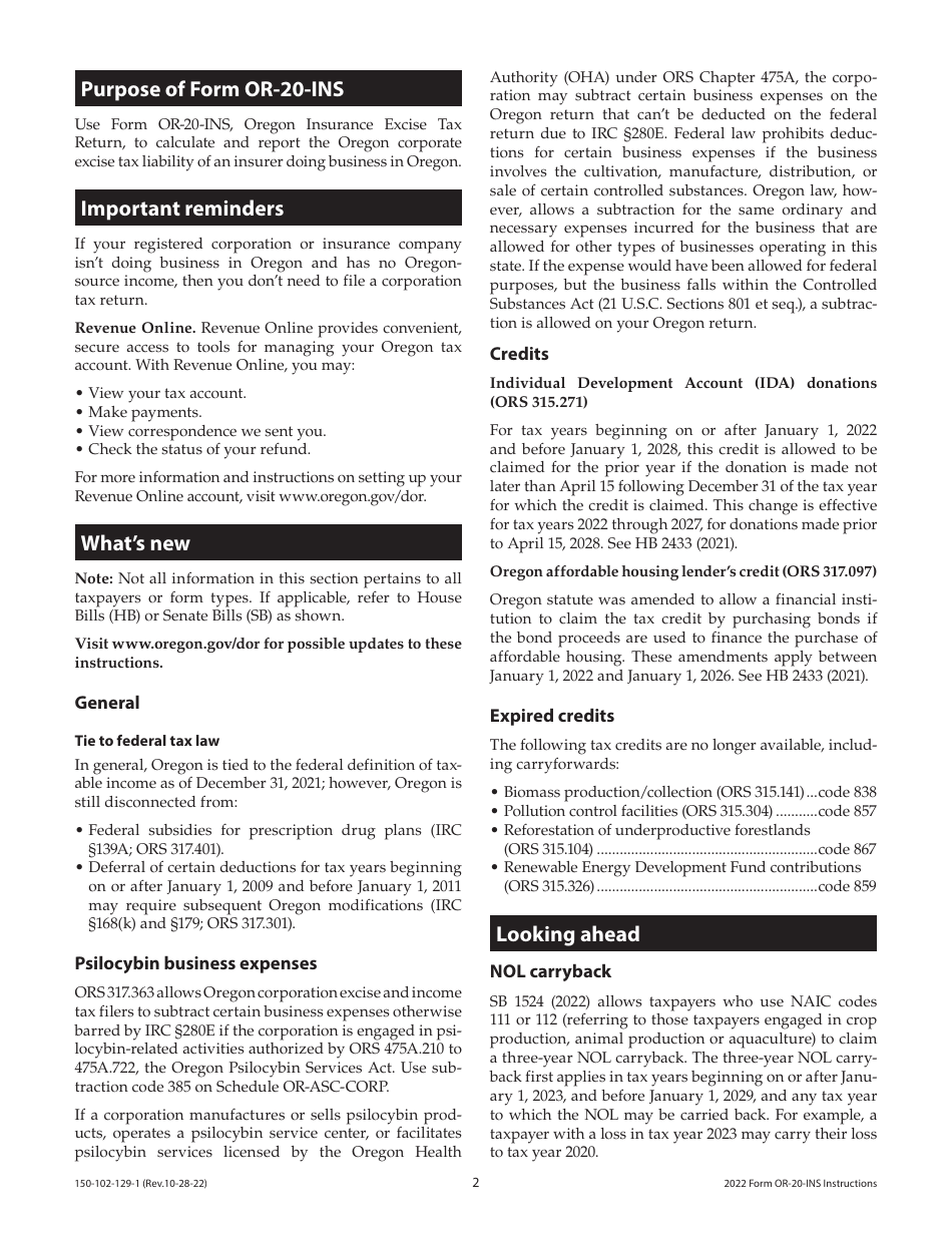 Instructions for Form OR-20-INS, 150-102-129 Oregon Insurance Excise Tax - Oregon, Page 2