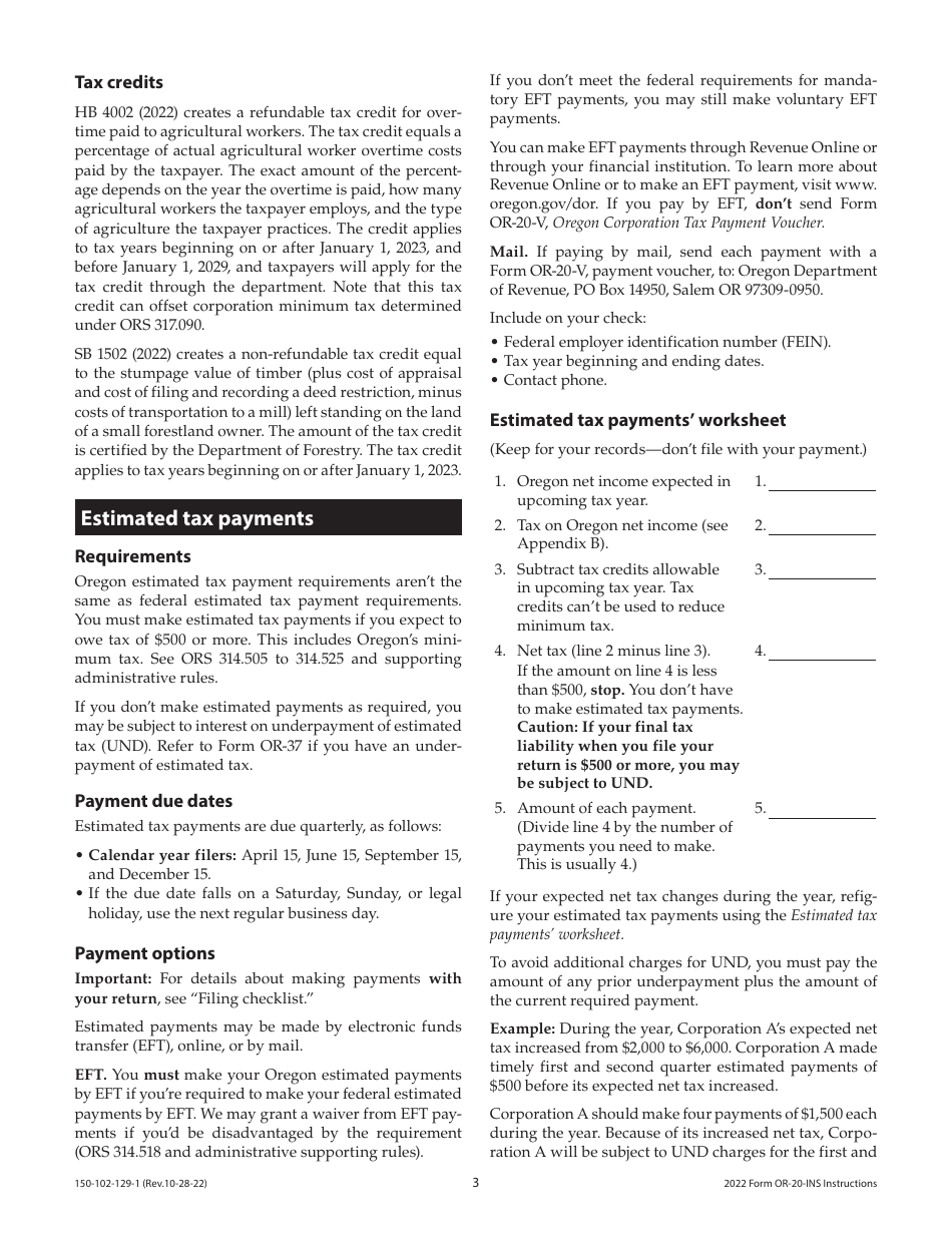 Instructions for Form OR-20-INS, 150-102-129 Oregon Insurance Excise Tax - Oregon, Page 3