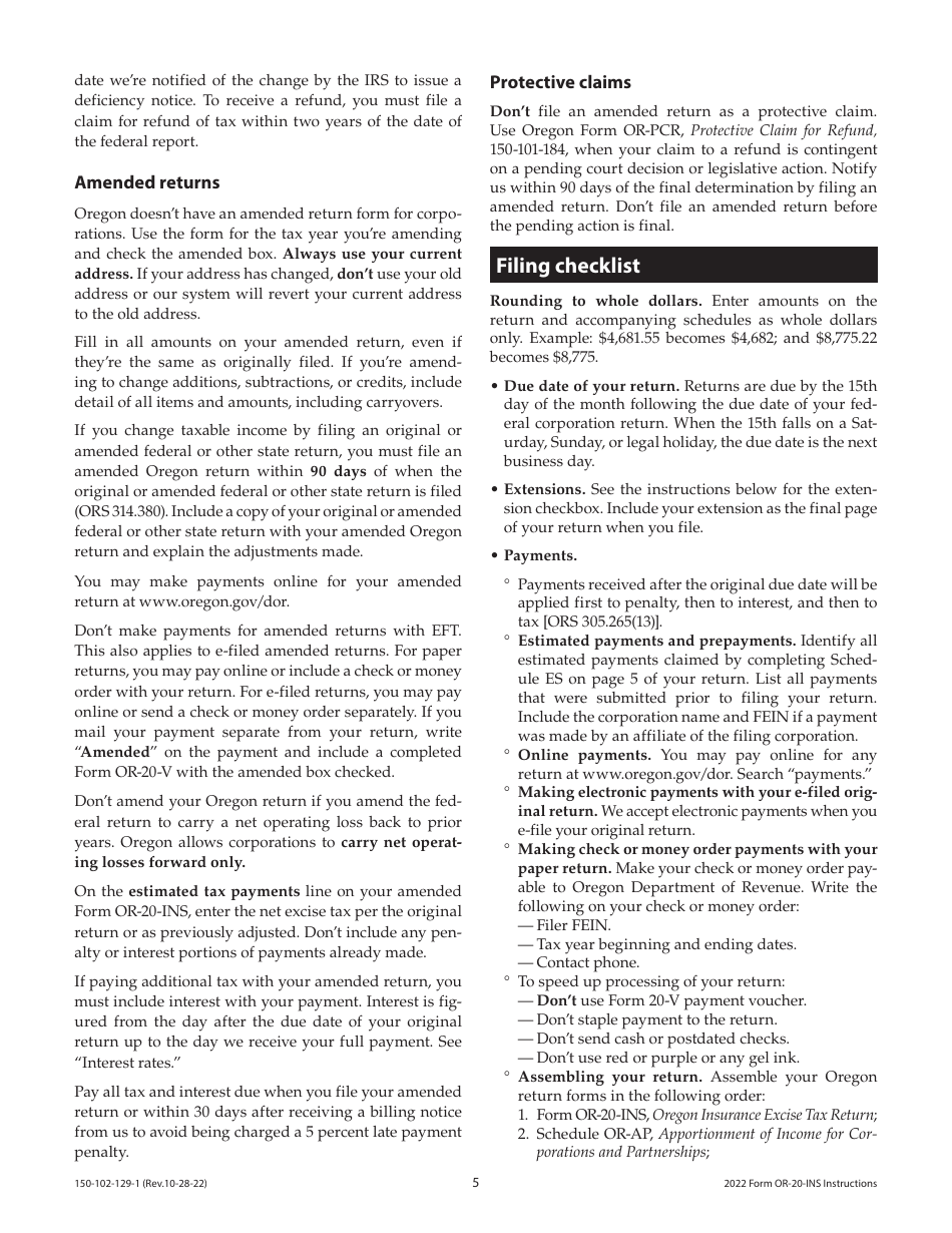 Instructions for Form OR-20-INS, 150-102-129 Oregon Insurance Excise Tax - Oregon, Page 5