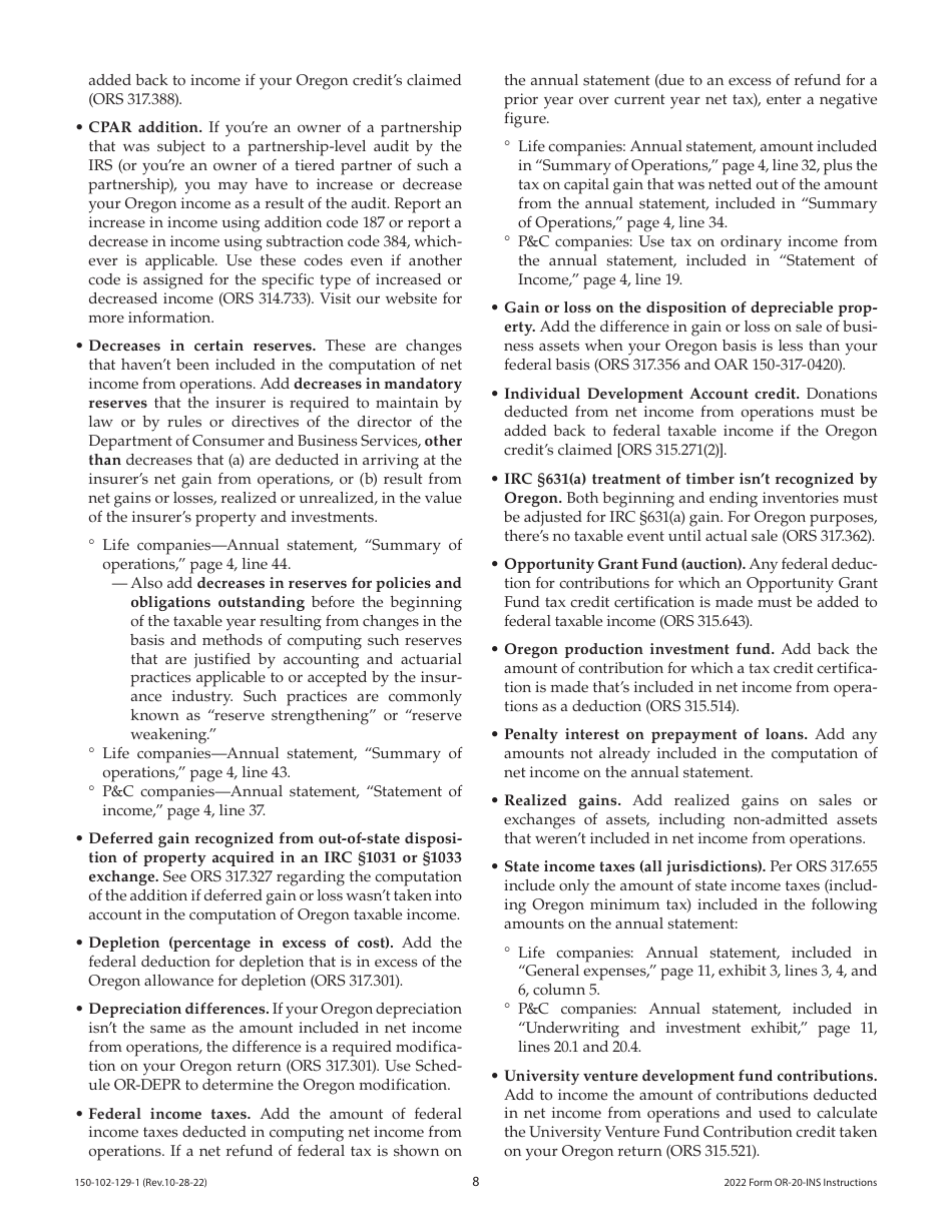 Instructions for Form OR-20-INS, 150-102-129 Oregon Insurance Excise Tax - Oregon, Page 8
