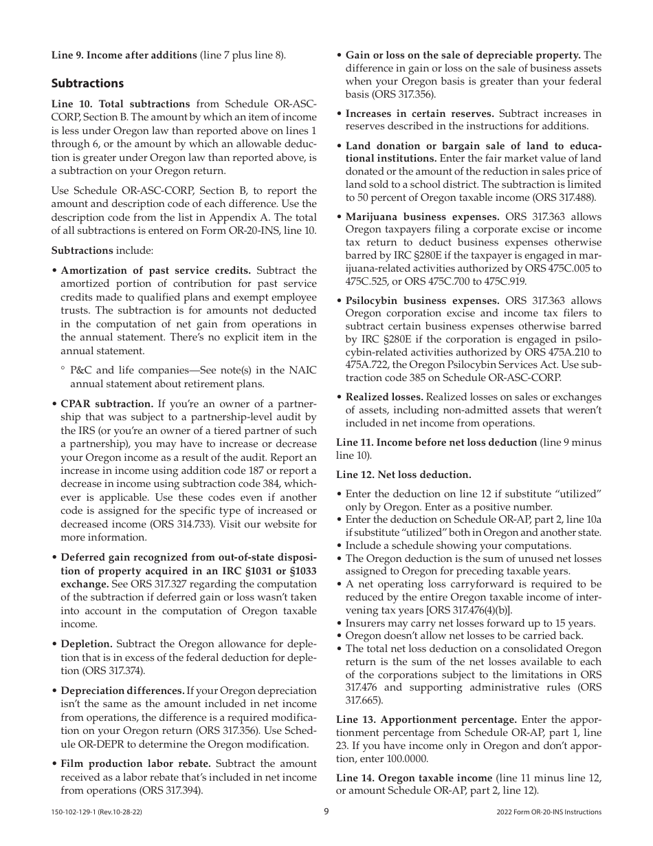Instructions for Form OR-20-INS, 150-102-129 Oregon Insurance Excise Tax - Oregon, Page 9