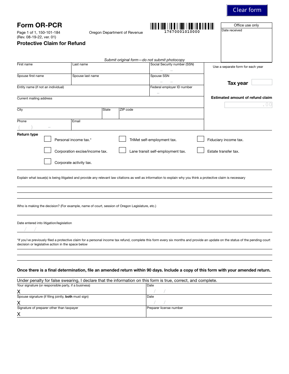 Form OR-PCR (150-101-184) Protective Claim for Refund - Oregon, Page 1