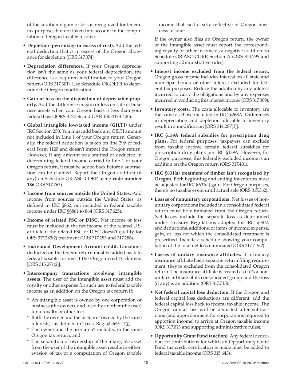 Instructions for Form OR-20-INC, 150-102-021 Oregon Corporation Income Tax Return - Oregon, Page 10