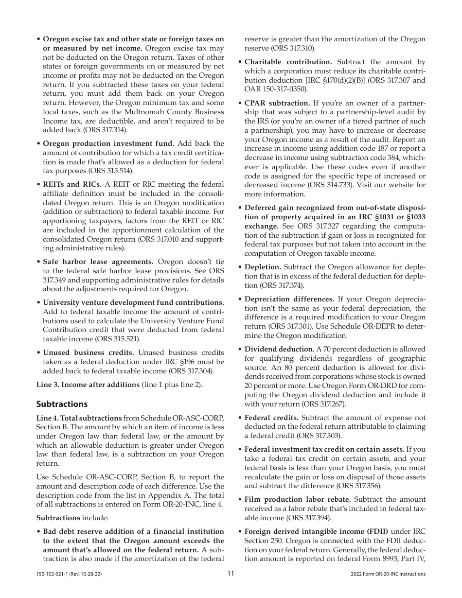 Instructions for Form OR-20-INC, 150-102-021 Oregon Corporation Income Tax Return - Oregon, Page 11