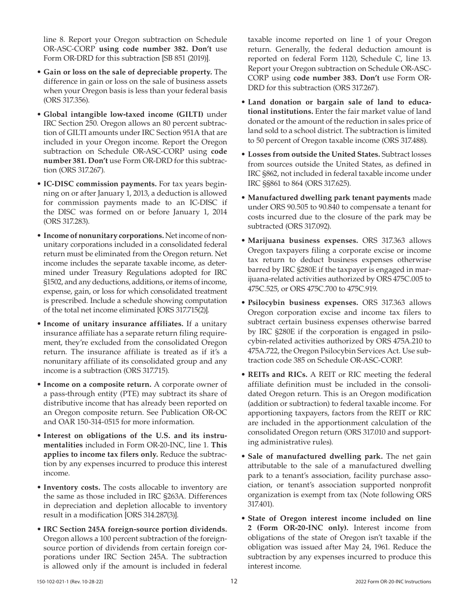 Instructions for Form OR-20-INC, 150-102-021 Oregon Corporation Income Tax Return - Oregon, Page 12
