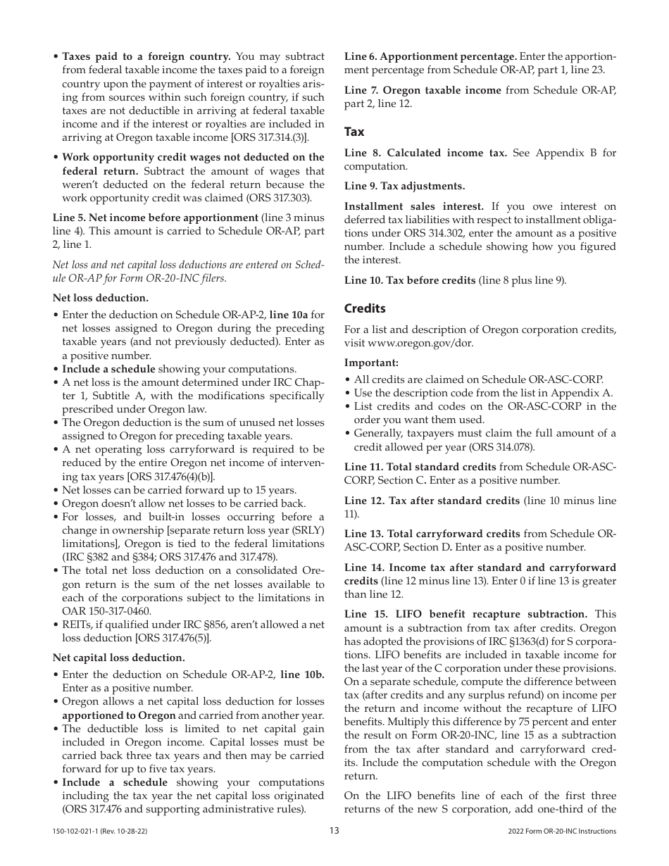 Instructions for Form OR-20-INC, 150-102-021 Oregon Corporation Income Tax Return - Oregon, Page 13