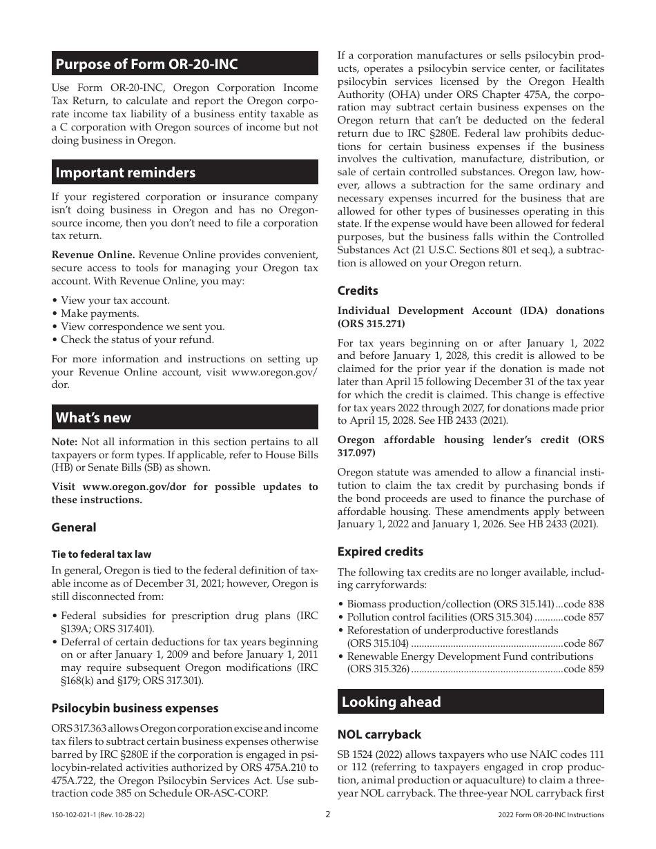 Instructions for Form OR-20-INC, 150-102-021 Oregon Corporation Income Tax Return - Oregon, Page 2