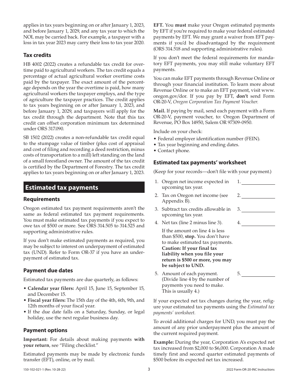 Instructions for Form OR-20-INC, 150-102-021 Oregon Corporation Income Tax Return - Oregon, Page 3