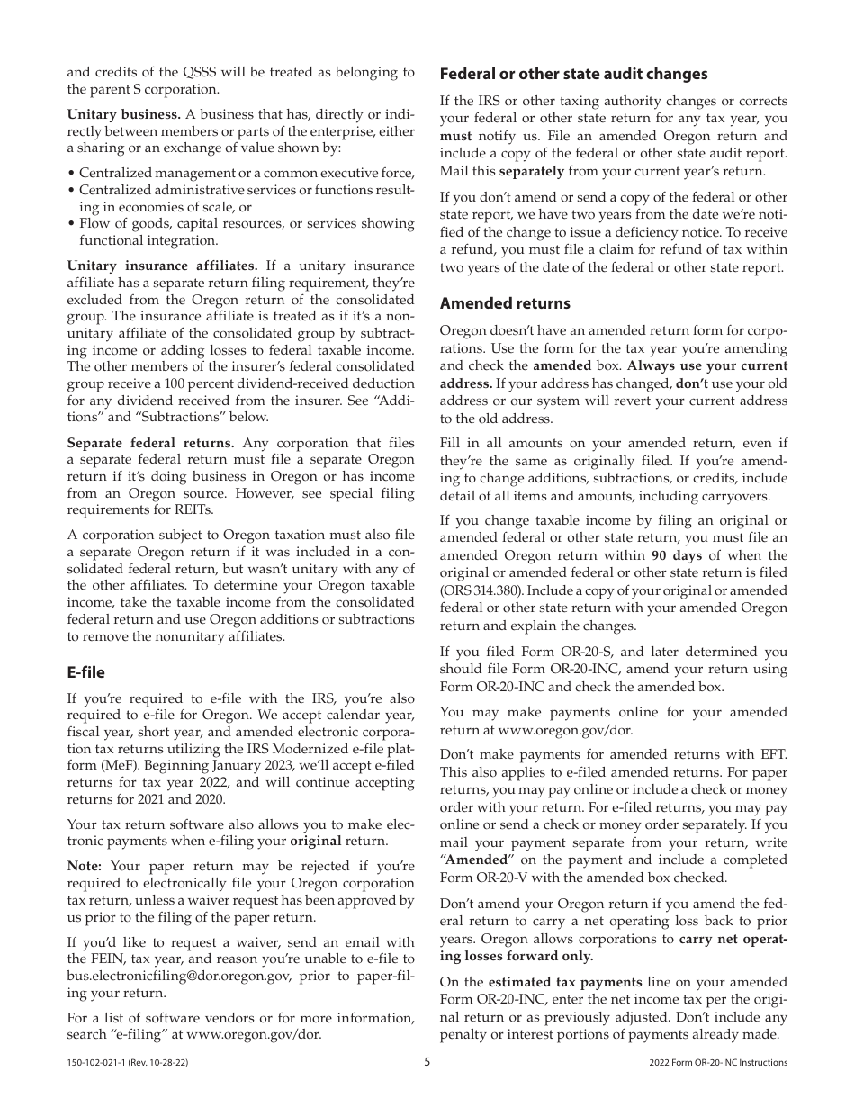 Instructions for Form OR-20-INC, 150-102-021 Oregon Corporation Income Tax Return - Oregon, Page 5
