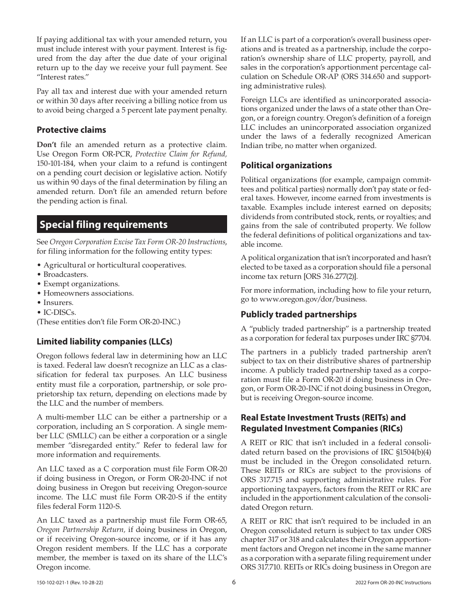 Instructions for Form OR-20-INC, 150-102-021 Oregon Corporation Income Tax Return - Oregon, Page 6