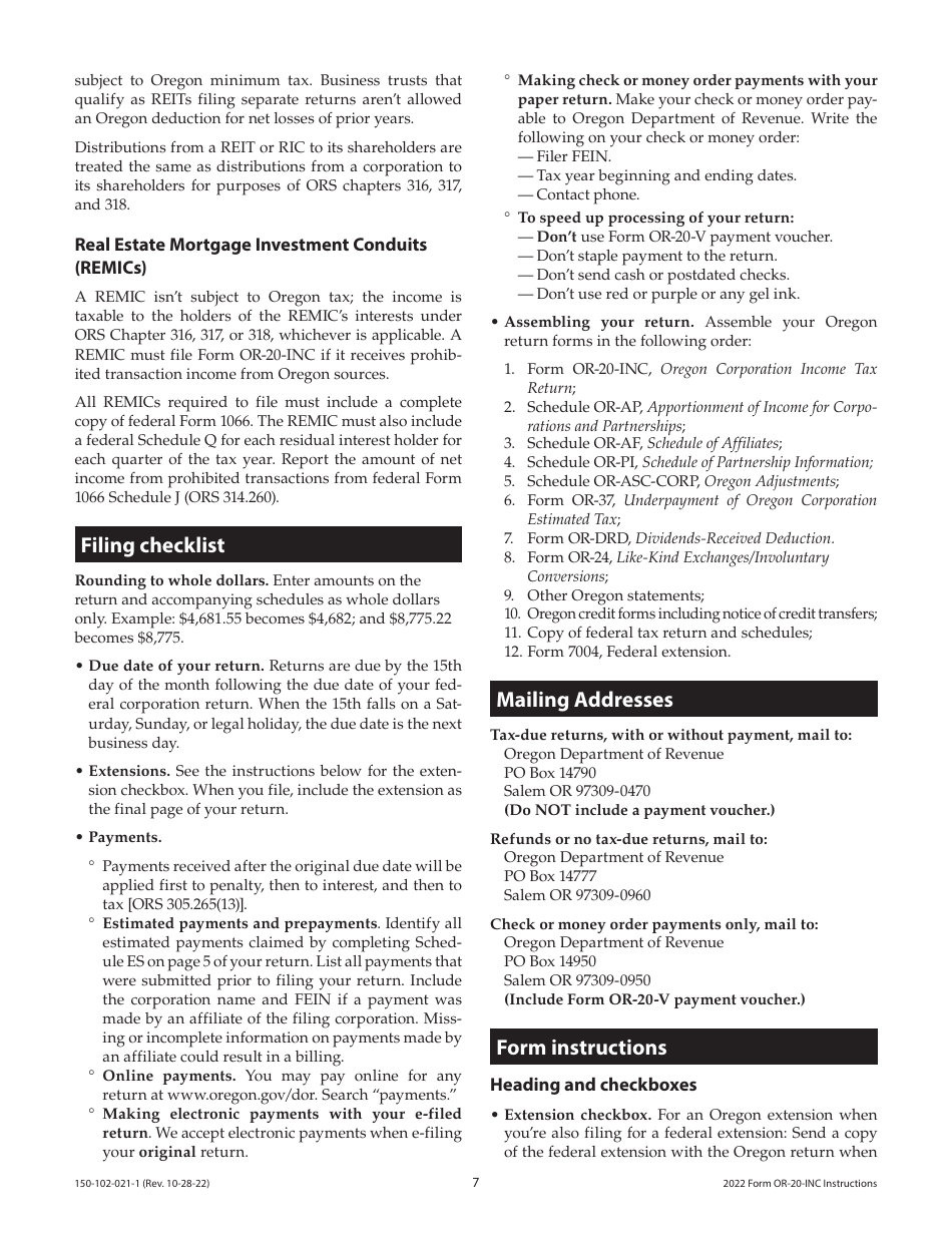 Instructions for Form OR-20-INC, 150-102-021 Oregon Corporation Income Tax Return - Oregon, Page 7
