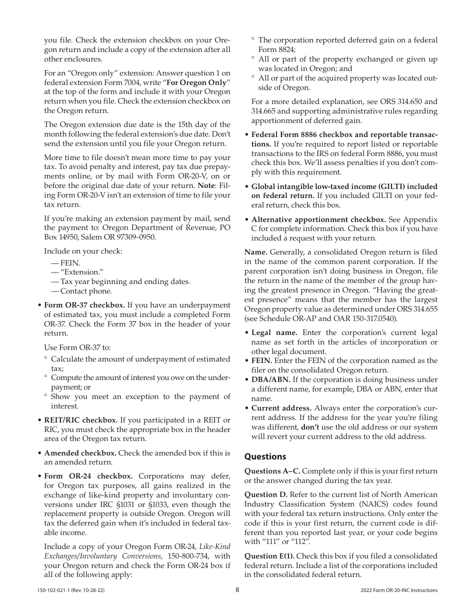 Instructions for Form OR-20-INC, 150-102-021 Oregon Corporation Income Tax Return - Oregon, Page 8