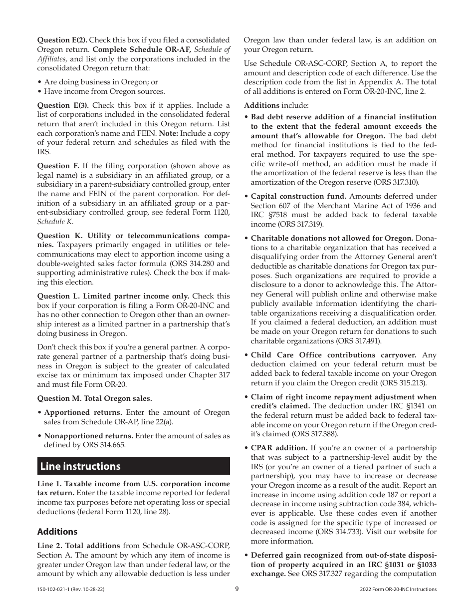 Instructions for Form OR-20-INC, 150-102-021 Oregon Corporation Income Tax Return - Oregon, Page 9