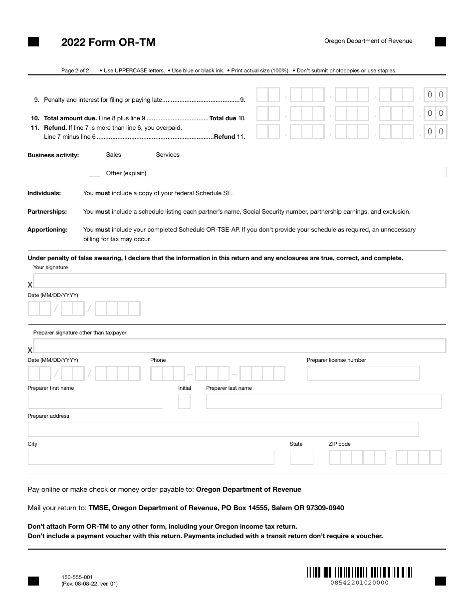 Form OR-TM (150-555-001) Tri-County Metropolitan Transportation District Self-employment Tax - Oregon, Page 2