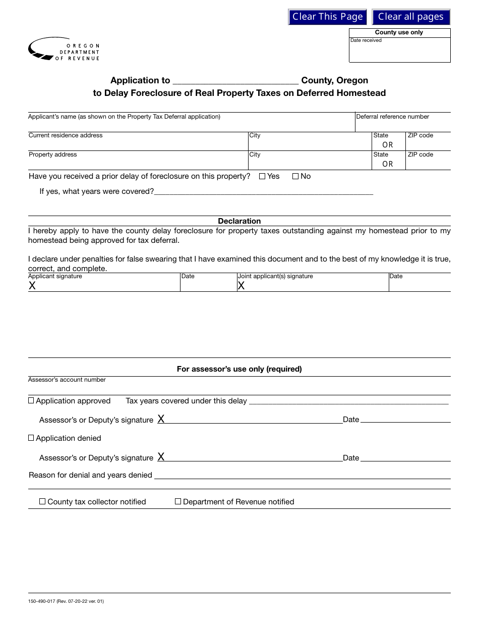 Form 150-490-017 Application to County to Delay Foreclosure of Real Property Taxes on Deferred Homestead - Oregon, Page 1