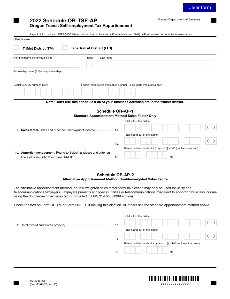 Form 150-500-051 Schedule Or-tse-ap - 2022 - Fill Out, Sign Online And 