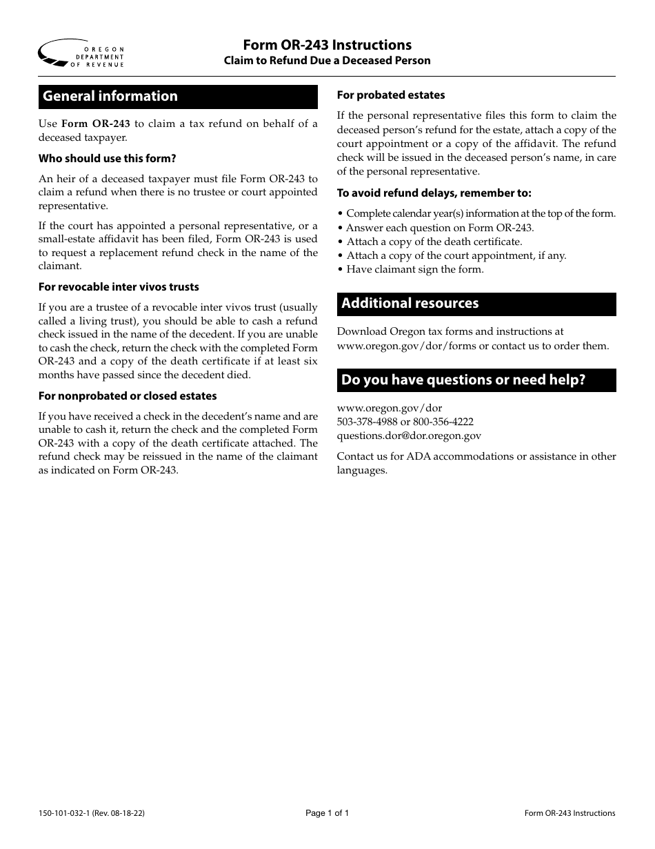 Instructions for Form OR-243, 150-101-032 Claim to Refund Due a Deceased Person - Oregon, Page 1