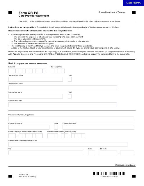 Form OR-PS (150-101-190)  Printable Pdf