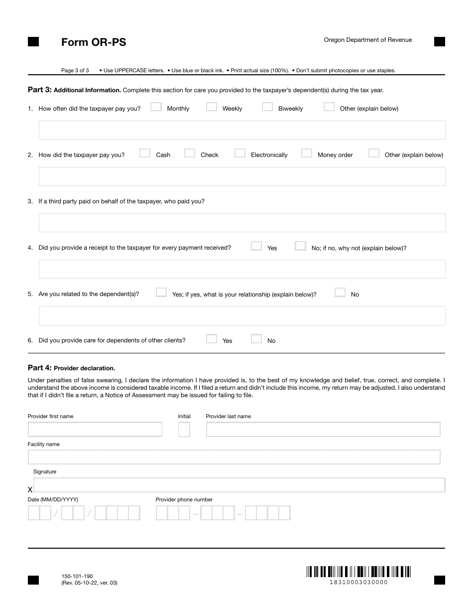 Form OR-PS (150-101-190) Care Provider Statement - Oregon, Page 3