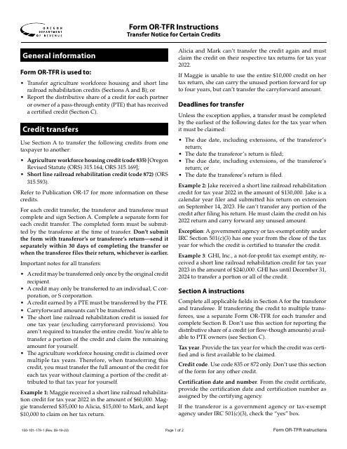 Form OR-TFR, 150-101-179  Printable Pdf