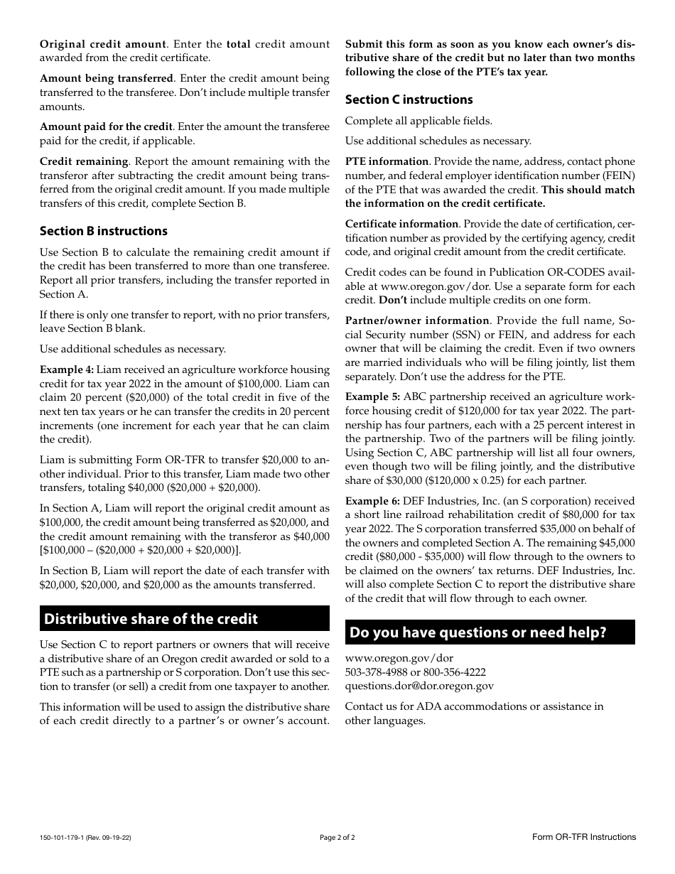 Instructions for Form OR-TFR, 150-101-179 Transfer Notice for Certain Credits - Oregon, Page 2