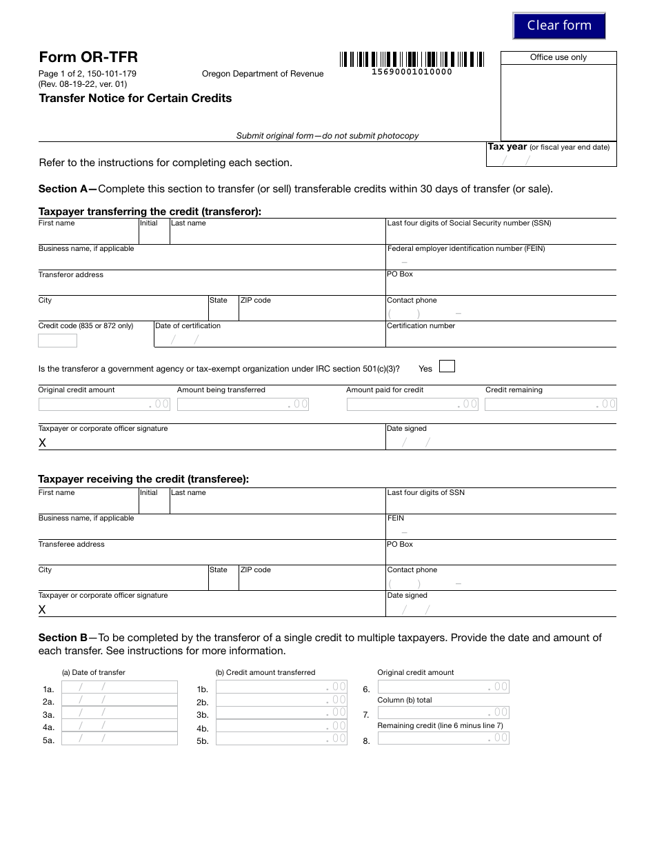 Form OR-TFR (150-101-179) Transfer Notice for Certain Credits - Oregon, Page 1