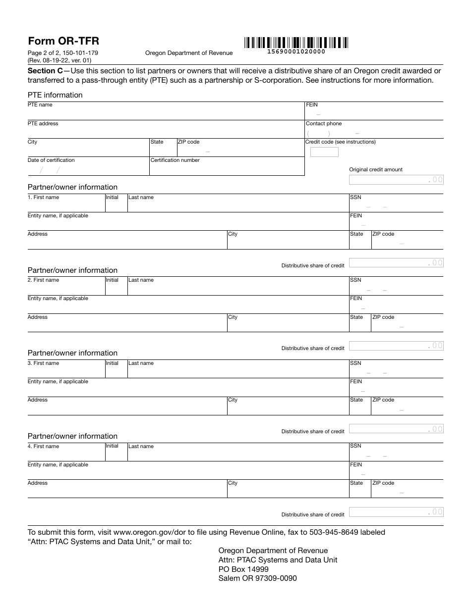 Form OR-TFR (150-101-179) Transfer Notice for Certain Credits - Oregon, Page 2