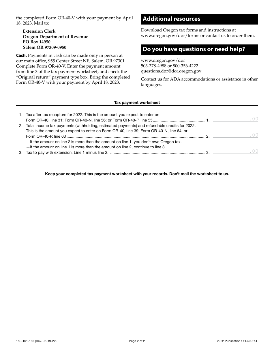 Form OR-40-EXT (150-101-165) Instructions for Automatic Extension of Time to File Oregon Individual Income Tax Return - Oregon, Page 2