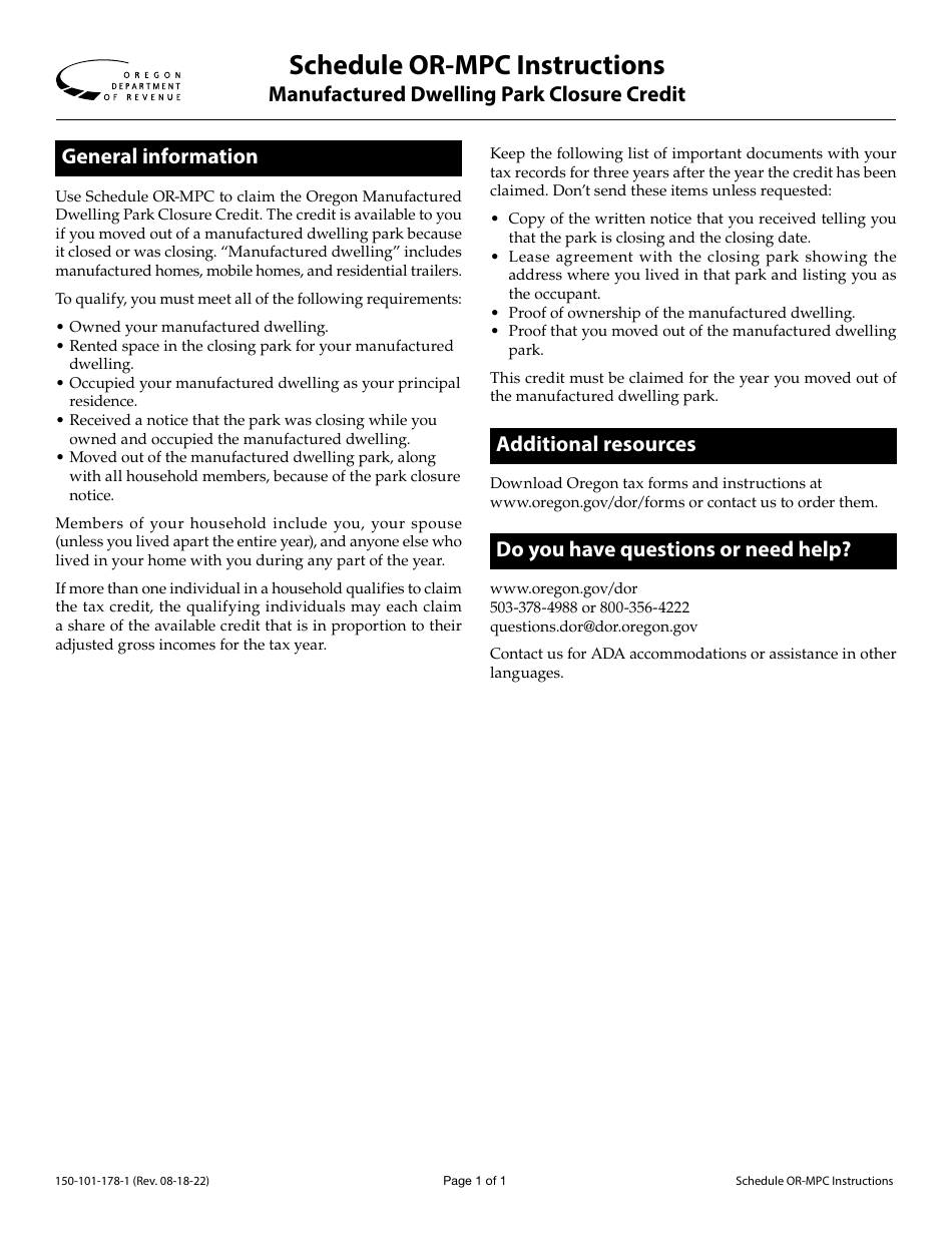 Instructions for Form 150-101-178 Schedule OR-MPC Manufactured Dwelling Park Closure Credit - Oregon, Page 1