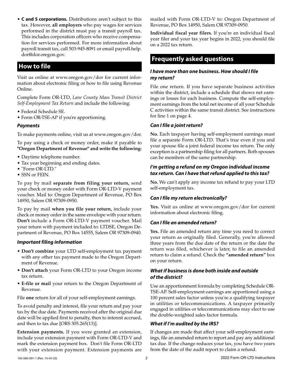 Instructions for Form OR-LTD, 150-560-001 Lane County Mass Transit District Self-employment Tax - Oregon, Page 2
