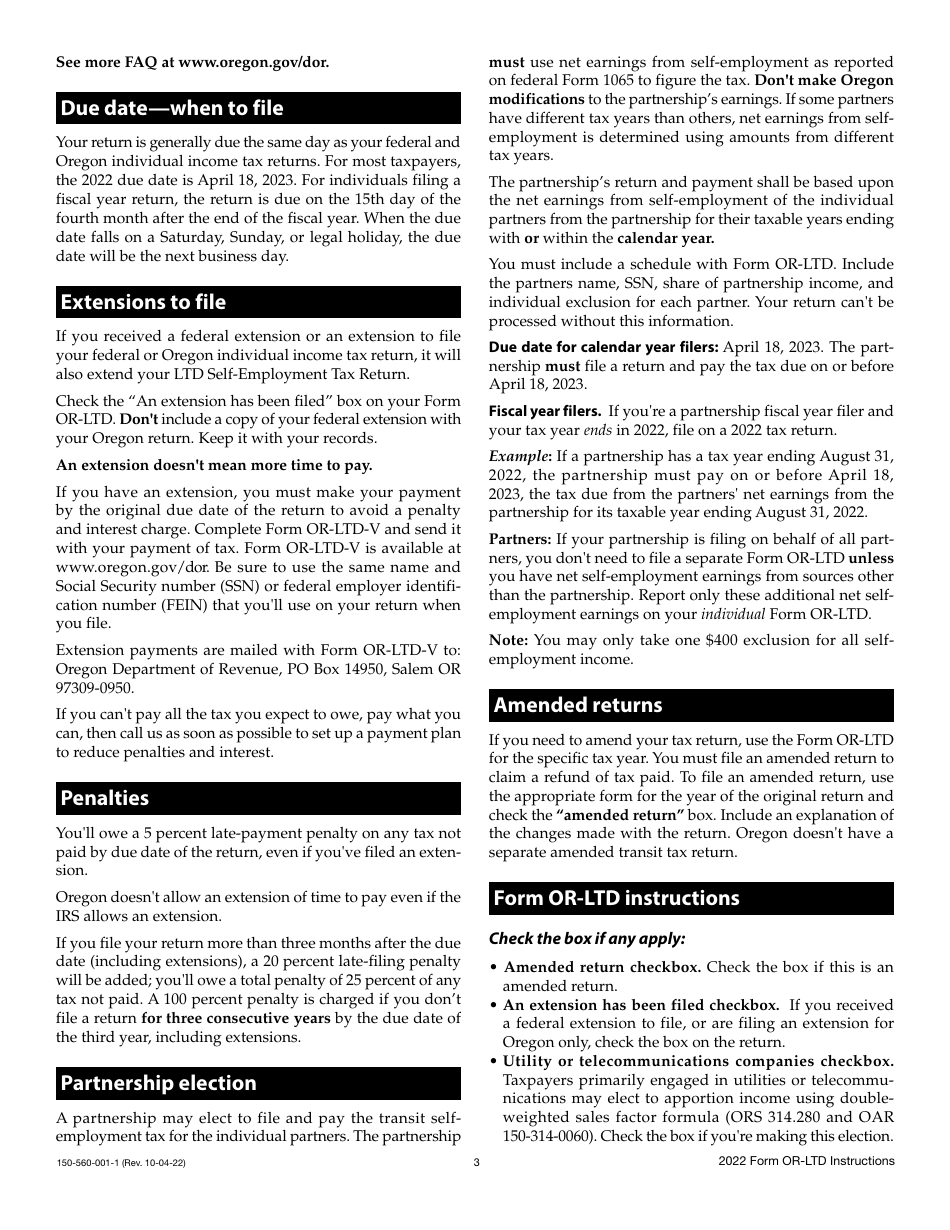 Instructions for Form OR-LTD, 150-560-001 Lane County Mass Transit District Self-employment Tax - Oregon, Page 3