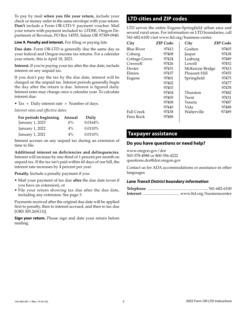 Instructions for Form OR-LTD, 150-560-001 Lane County Mass Transit District Self-employment Tax - Oregon, Page 5