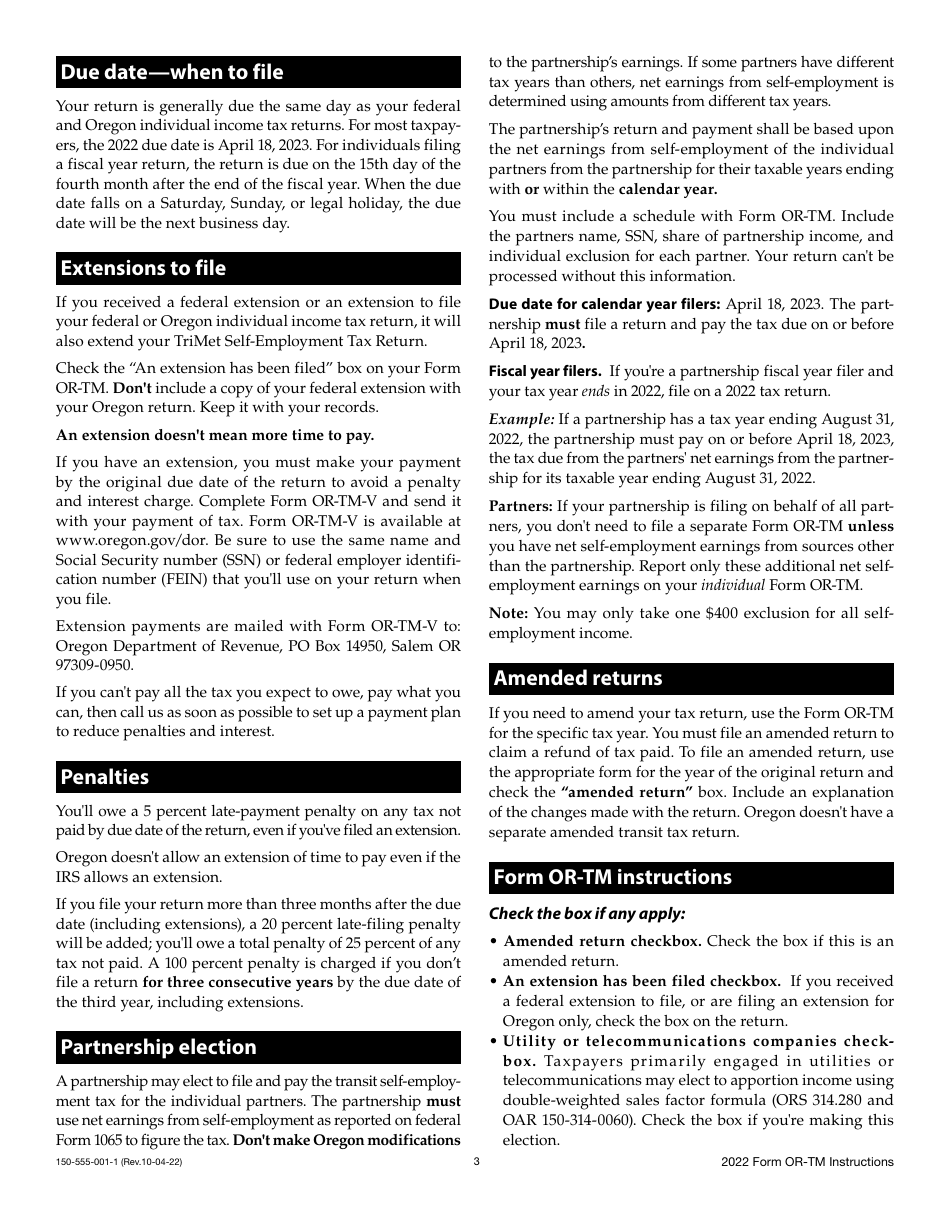 Instructions for Form OR-TM, 150-555-001 Tri-County Metropolitan Transportation District Self-employment Tax - Oregon, Page 3