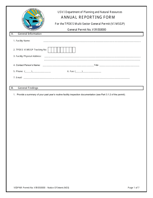 Annual Reporting Form for the Tpdes Multi-Sector General Permit (VI Msgp) General Permit No. Vir050000 - Virgin Islands Download Pdf