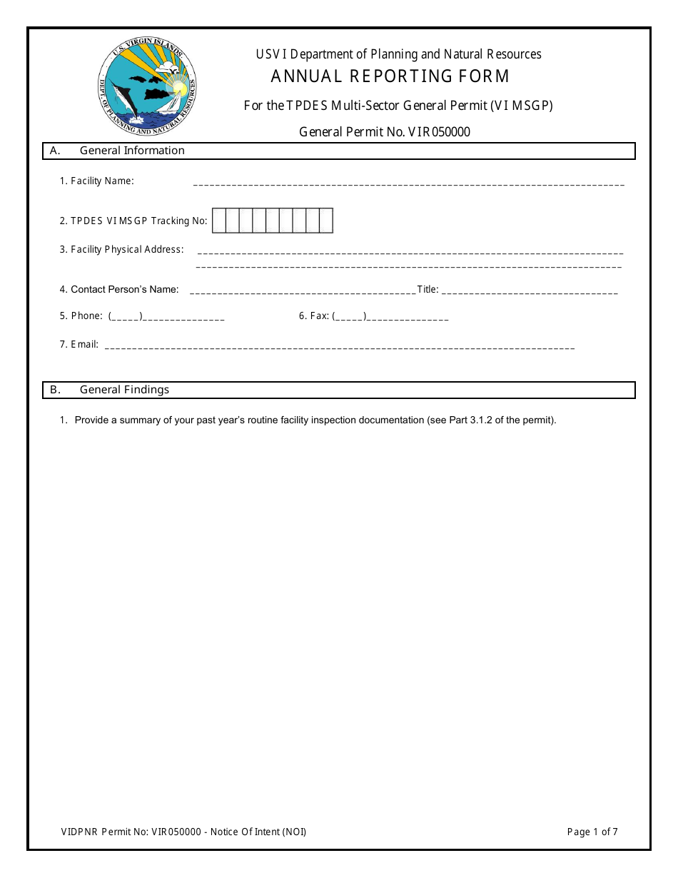 Annual Reporting Form for the Tpdes Multi-Sector General Permit (VI Msgp) General Permit No. Vir050000 - Virgin Islands, Page 1