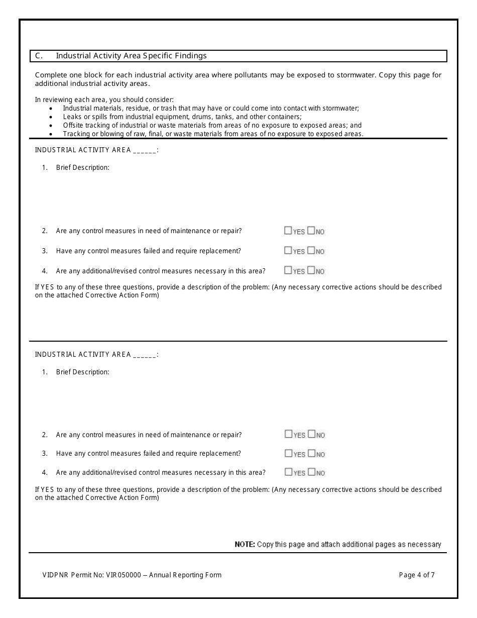 Annual Reporting Form for the Tpdes Multi-Sector General Permit (VI Msgp) General Permit No. Vir050000 - Virgin Islands, Page 4