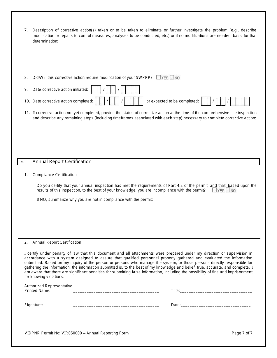 Annual Reporting Form for the Tpdes Multi-Sector General Permit (VI Msgp) General Permit No. Vir050000 - Virgin Islands, Page 7