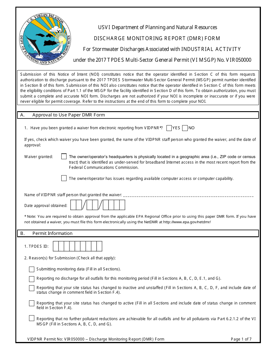 Discharge Monitoring Report (Dmr) Form for For Stormwater Discharges Associated With Industrial Activity Under the 2017 Tpdes Multi-Sector General Permit (VI Msgp) No. Vir050000 - Virgin Islands, Page 1