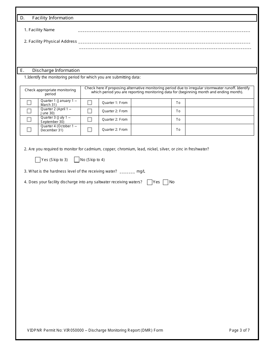 Discharge Monitoring Report (Dmr) Form for For Stormwater Discharges Associated With Industrial Activity Under the 2017 Tpdes Multi-Sector General Permit (VI Msgp) No. Vir050000 - Virgin Islands, Page 3