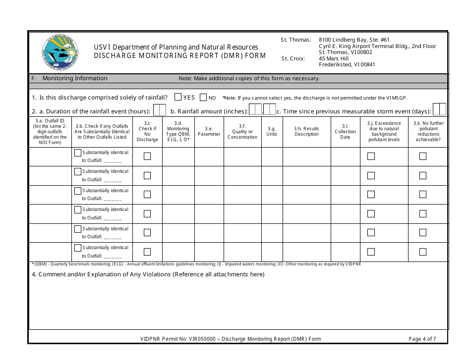 Discharge Monitoring Report (Dmr) Form for For Stormwater Discharges Associated With Industrial Activity Under the 2017 Tpdes Multi-Sector General Permit (VI Msgp) No. Vir050000 - Virgin Islands, Page 4