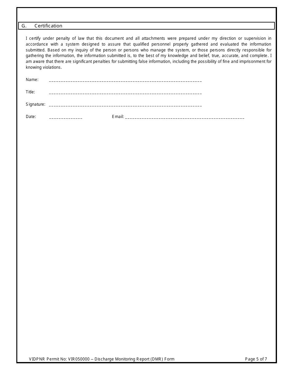 Discharge Monitoring Report (Dmr) Form for For Stormwater Discharges Associated With Industrial Activity Under the 2017 Tpdes Multi-Sector General Permit (VI Msgp) No. Vir050000 - Virgin Islands, Page 5