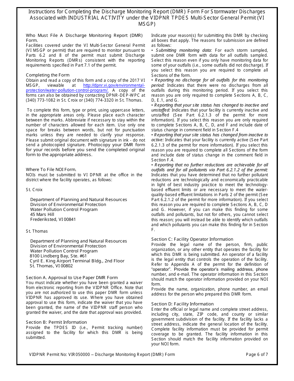 Discharge Monitoring Report (Dmr) Form for For Stormwater Discharges Associated With Industrial Activity Under the 2017 Tpdes Multi-Sector General Permit (VI Msgp) No. Vir050000 - Virgin Islands, Page 6